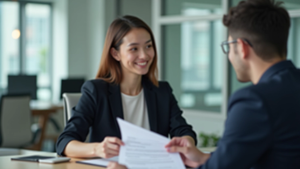 Real estate agent explaining lease terms to young tenant at desk with documents
