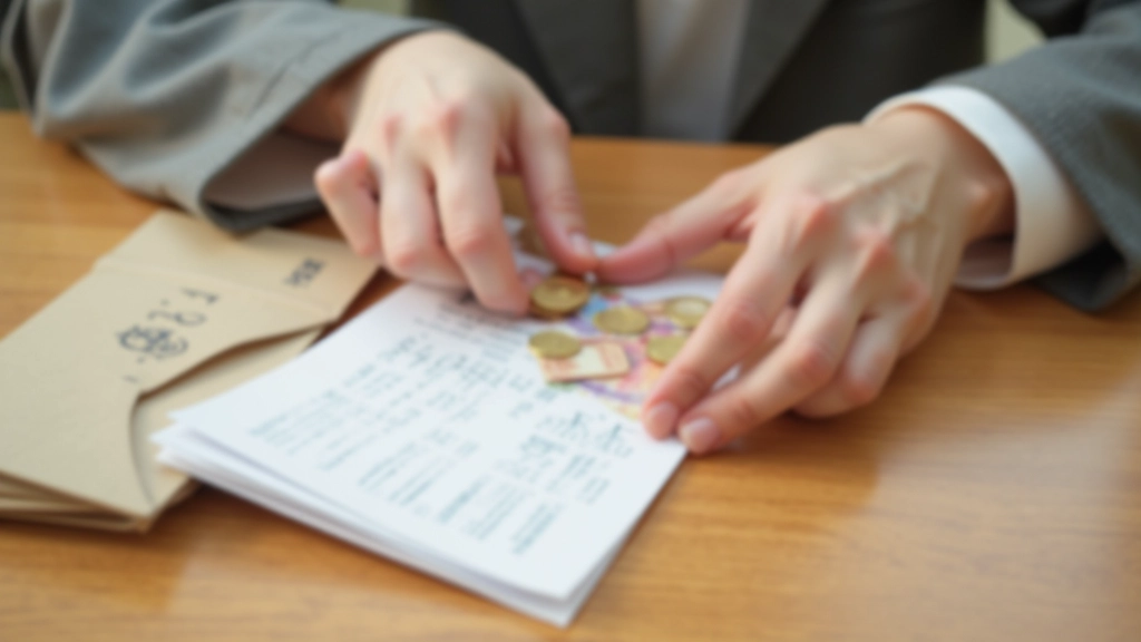 Hands organizing Hong Kong dollar bills and coins into labeled envelopes for budget categories