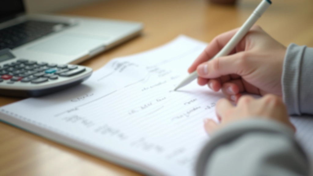 Young person writing in budget notebook with calculator and expense tracking spreadsheet on desk