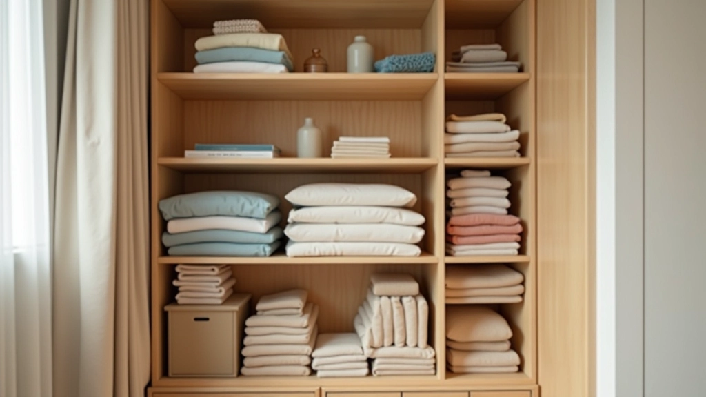 Organized small apartment storage with simple shelving units, folded clothes, and minimal decorative items