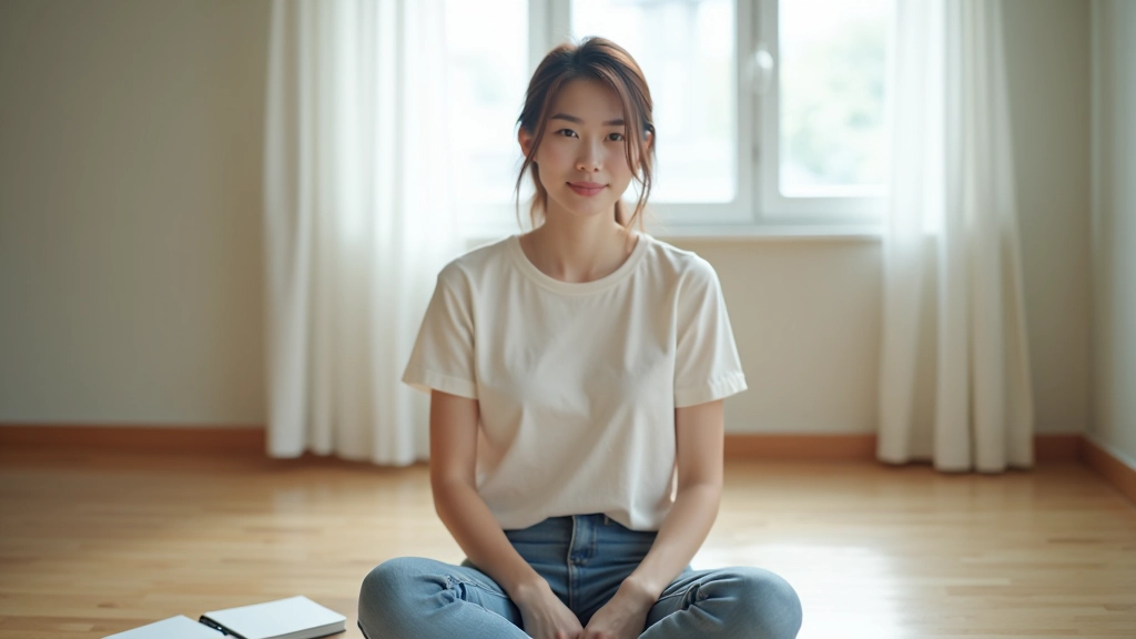 Young woman sitting on floor of new apartment with laptop and budget planner notebook