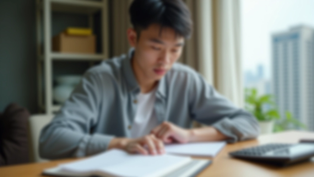Young adult reviewing budget notes and receipts at a desk with calculator and notebook