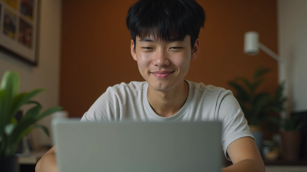 Young person looking relieved at laptop showing balanced budget spreadsheet with green checkmark